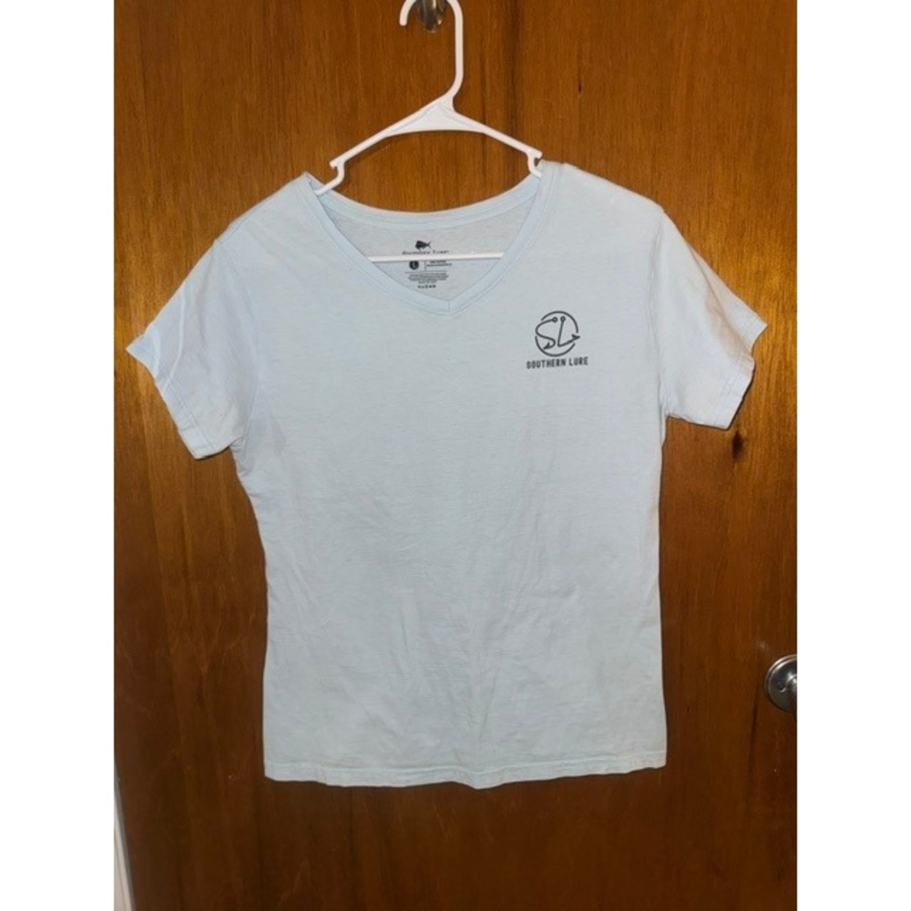 Southern‎ Lure Womens V-Neck T-Shirt Light Blue Flamingo Skull Graphic Large (B)